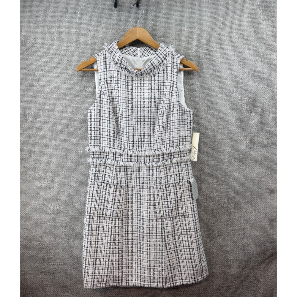 Eliza J Tweed Sheath Dress Women's Size 8 White Black Plaid Cocktail Preppy New!